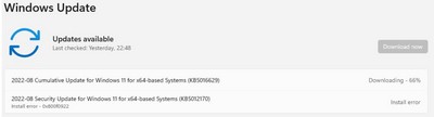 KB5012170系统更新提示错误0x800f0922 涉及 Win8.1、Win10、Win1
